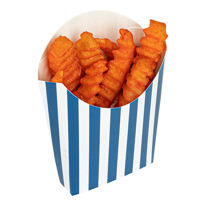 Bio Tek 2 oz Blue and White Stripe Paper Fry Cup / Snack Container - 4" x 2 3/4" x 3 1/2" - 100 count box