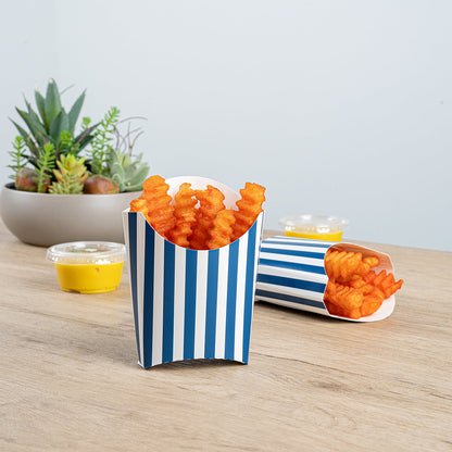 Bio Tek 2 oz Blue and White Stripe Paper Fry Cup / Snack Container - 4" x 2 3/4" x 3 1/2" - 100 count box