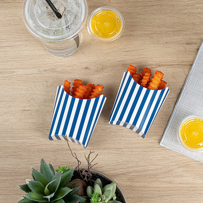 Bio Tek 2 oz Blue and White Stripe Paper Fry Cup / Snack Container - 4" x 2 3/4" x 3 1/2" - 100 count box