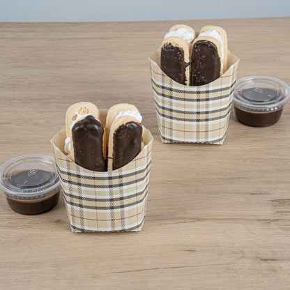 Bio Tek 2 oz Plaid Paper Fry Cup / Snack Container - 4" x 2 3/4" x 3 1/2" - 100 count box