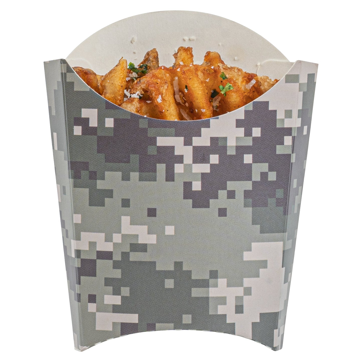 Bio Tek 2 oz Camouflage Paper Fry Cup / Snack Container - 4" x 2 3/4" x 3 1/2" - 100 count box