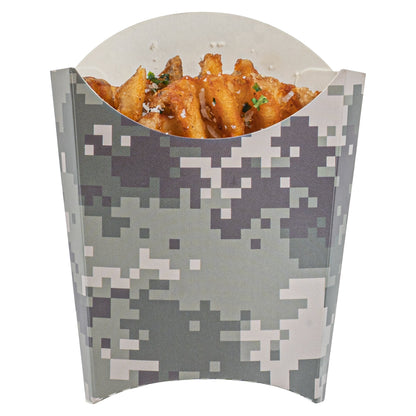 Bio Tek 2 oz Camouflage Paper Fry Cup / Snack Container - 4" x 2 3/4" x 3 1/2" - 100 count box
