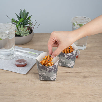 Bio Tek 2 oz Camouflage Paper Fry Cup / Snack Container - 4" x 2 3/4" x 3 1/2" - 100 count box