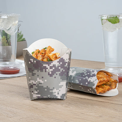 Bio Tek 2 oz Camouflage Paper Fry Cup / Snack Container - 4" x 2 3/4" x 3 1/2" - 100 count box