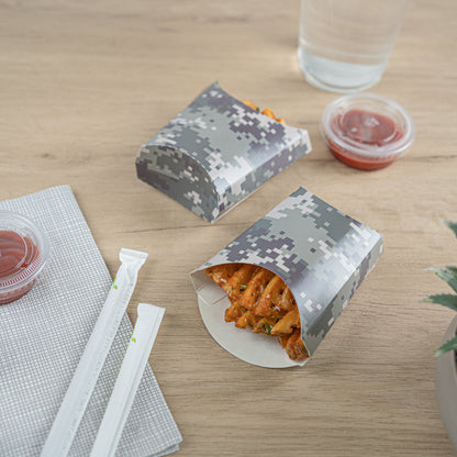 Bio Tek 2 oz Camouflage Paper Fry Cup / Snack Container - 4" x 2 3/4" x 3 1/2" - 100 count box