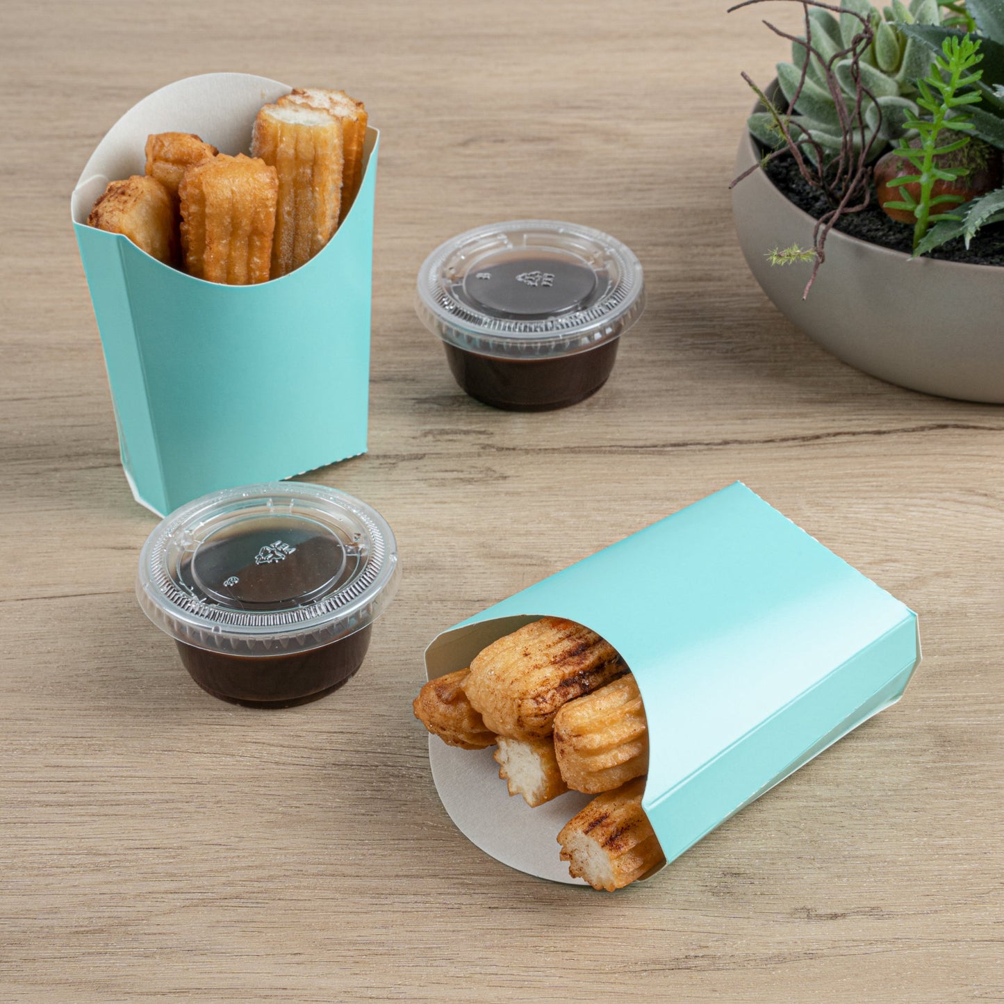 Bio Tek 2 oz Turquoise Paper Fry Cup / Snack Container - 4" x 2 3/4" x 3 1/2" - 100 count box