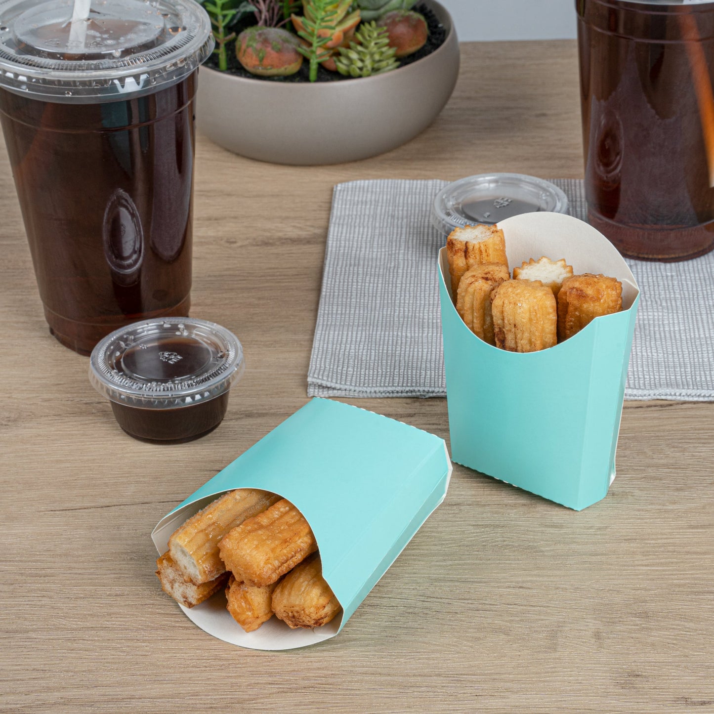 Bio Tek 2 oz Turquoise Paper Fry Cup / Snack Container - 4" x 2 3/4" x 3 1/2" - 100 count box