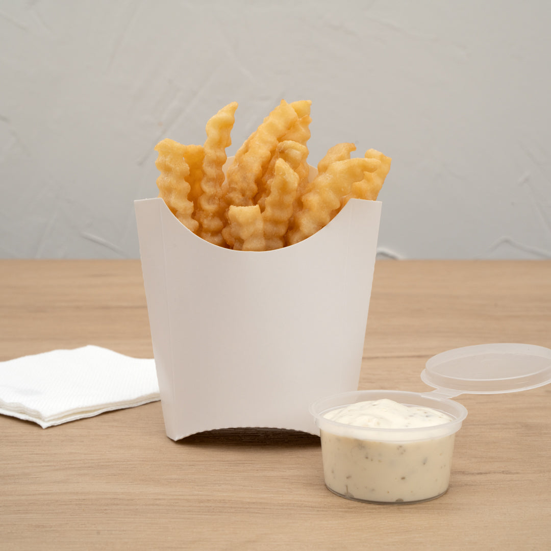 Bio Tek 2 oz White Paper Fry Cup / Snack Container - 4" x 2 3/4" x 3 1/2" - 100 count box