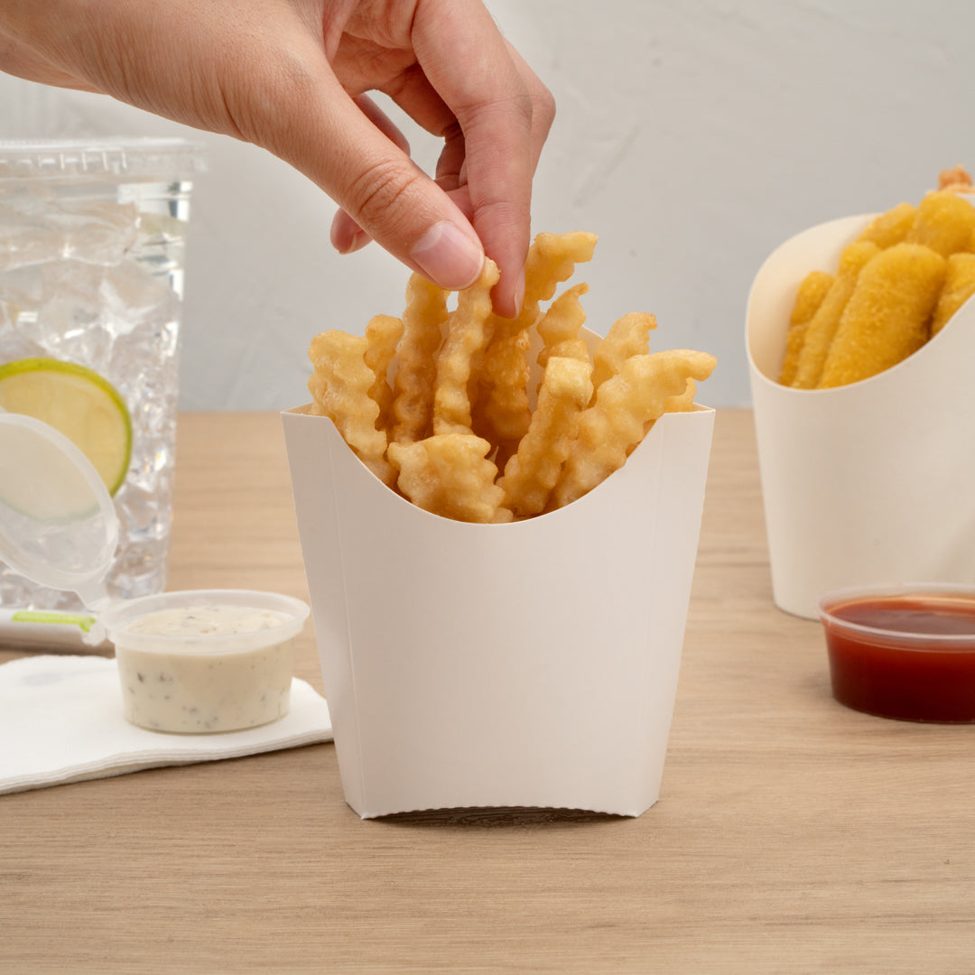Bio Tek 2 oz White Paper Fry Cup / Snack Container - 4" x 2 3/4" x 3 1/2" - 100 count box