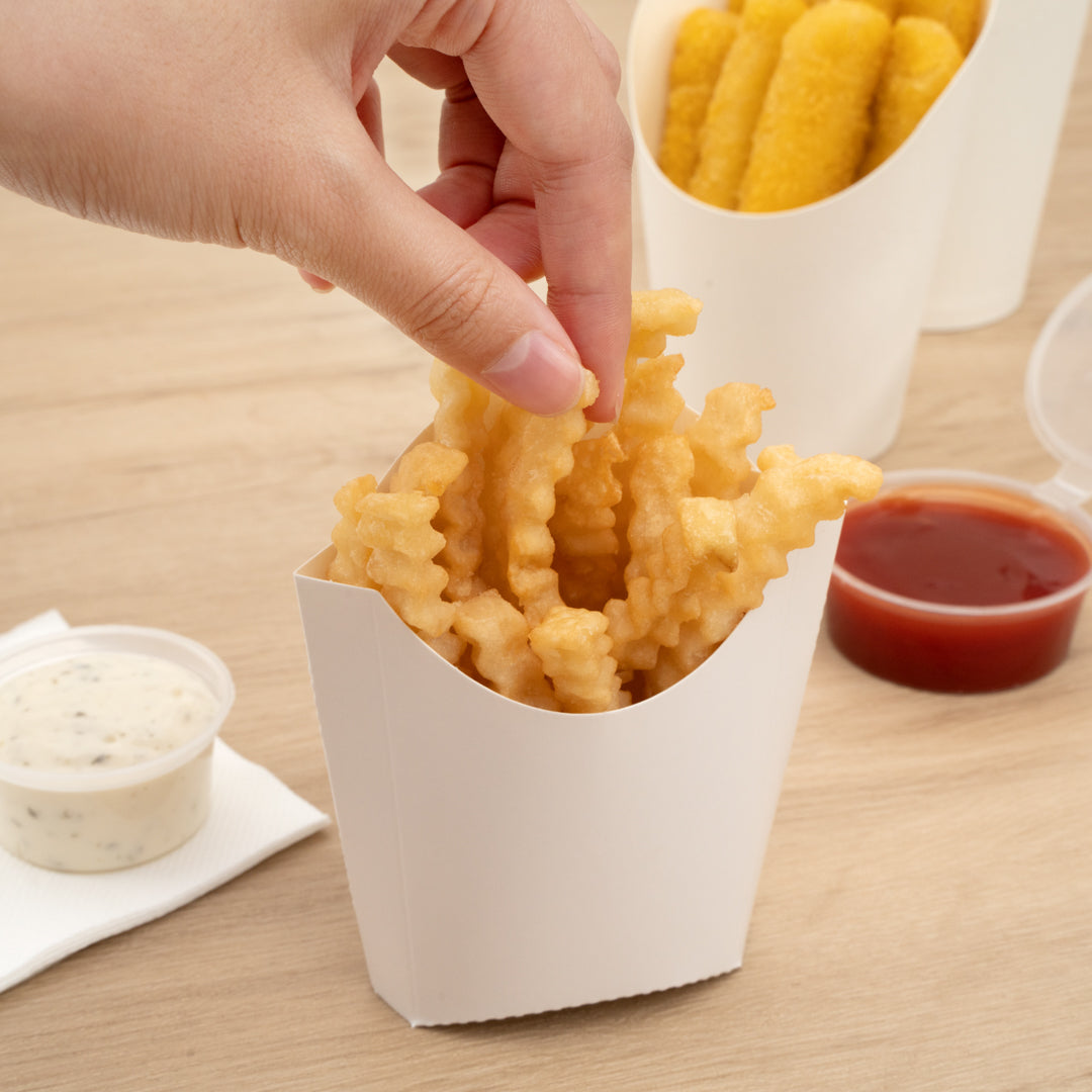 Bio Tek 2 oz White Paper Fry Cup / Snack Container - 4" x 2 3/4" x 3 1/2" - 100 count box