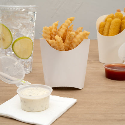 Bio Tek 2 oz White Paper Fry Cup / Snack Container - 4" x 2 3/4" x 3 1/2" - 100 count box