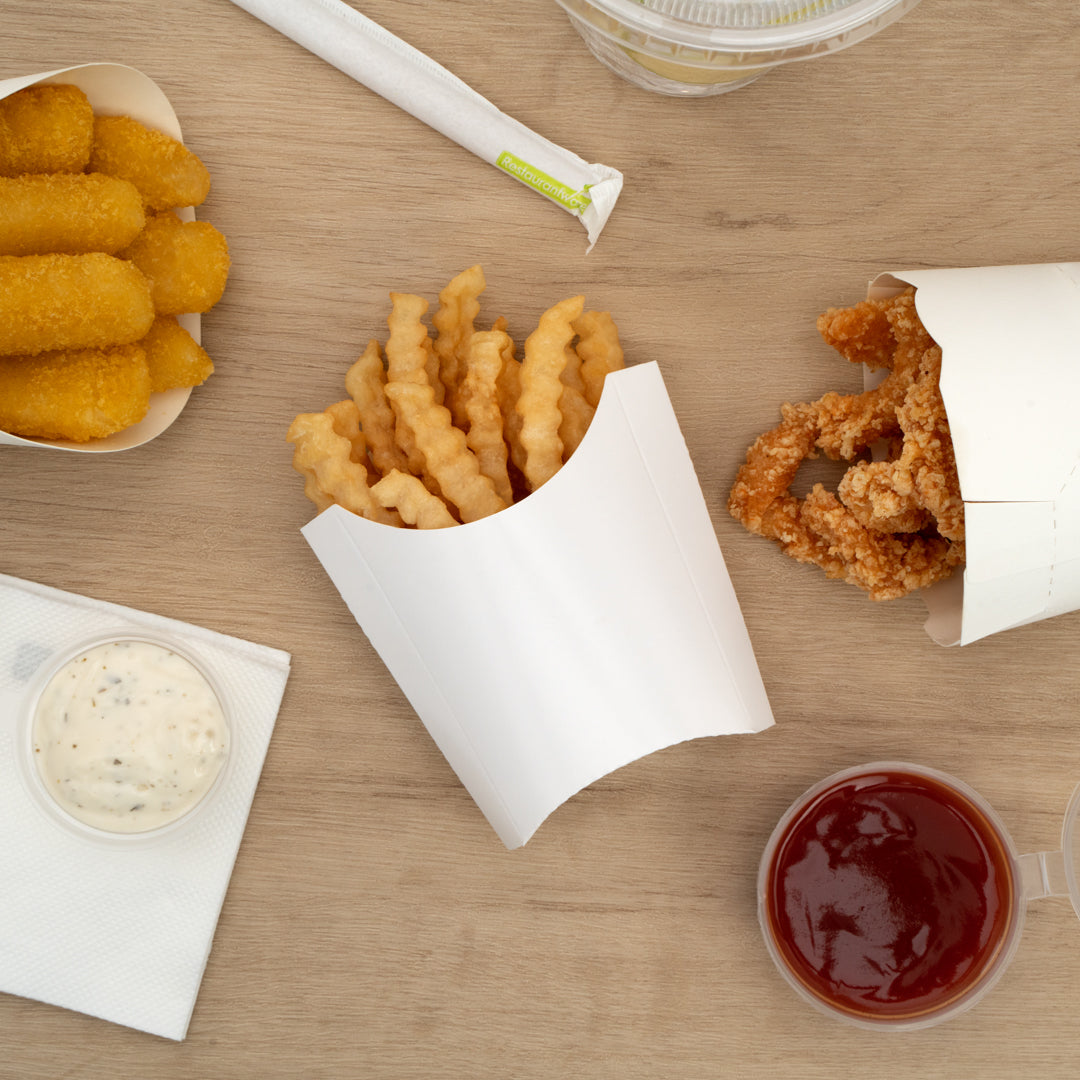 Bio Tek 2 oz White Paper Fry Cup / Snack Container - 4" x 2 3/4" x 3 1/2" - 100 count box