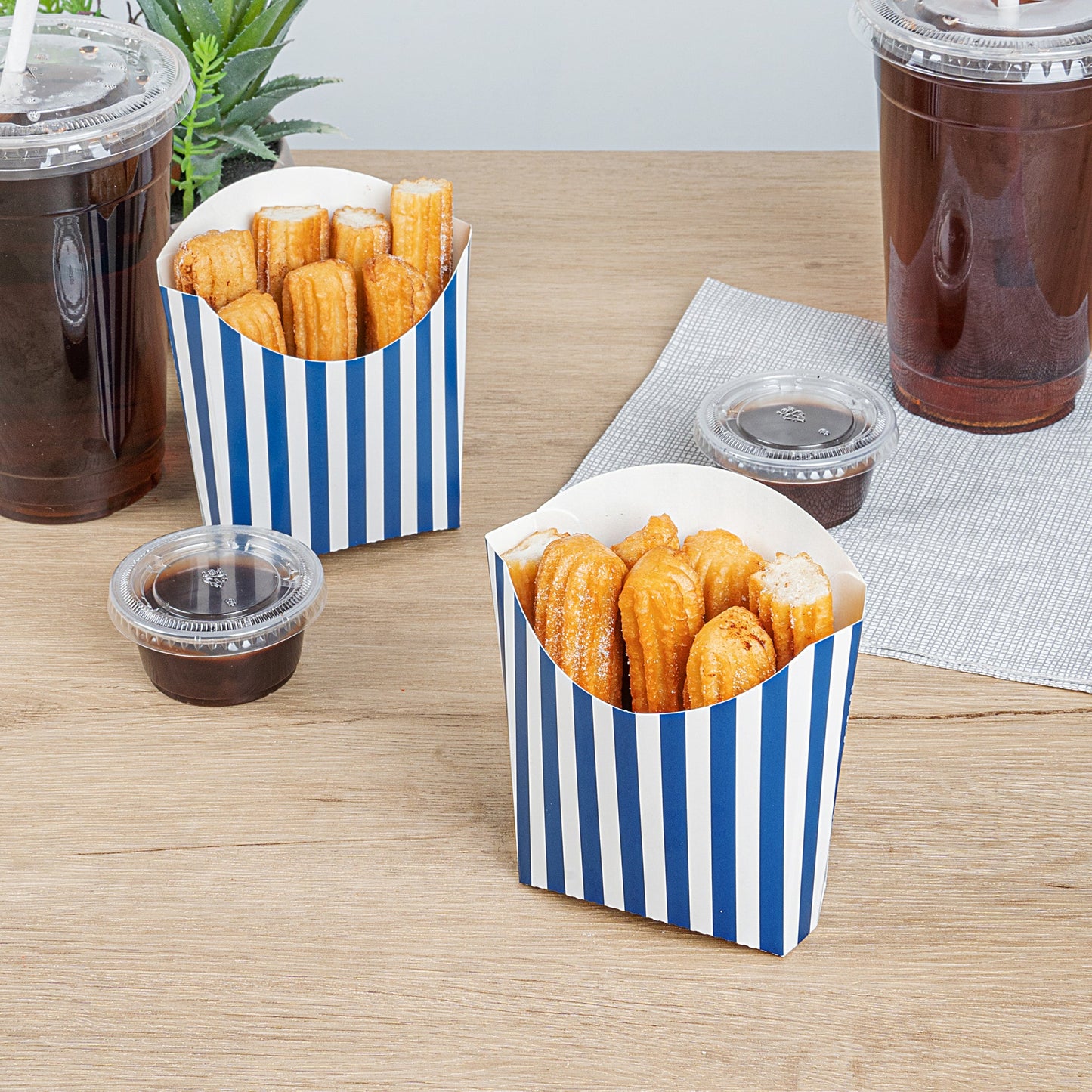 Bio Tek 3 oz Blue and White Stripe Paper Fry Cup / Snack Container - 4 1/2" x 3 1/4" x 3 3/4" - 100 count box