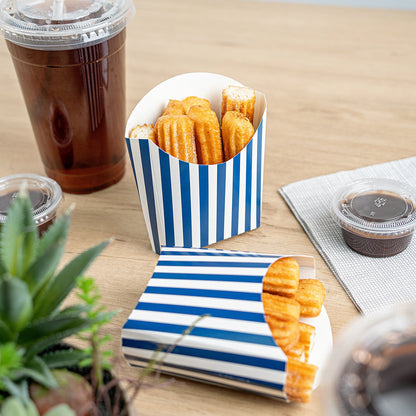 Bio Tek 3 oz Blue and White Stripe Paper Fry Cup / Snack Container - 4 1/2" x 3 1/4" x 3 3/4" - 100 count box
