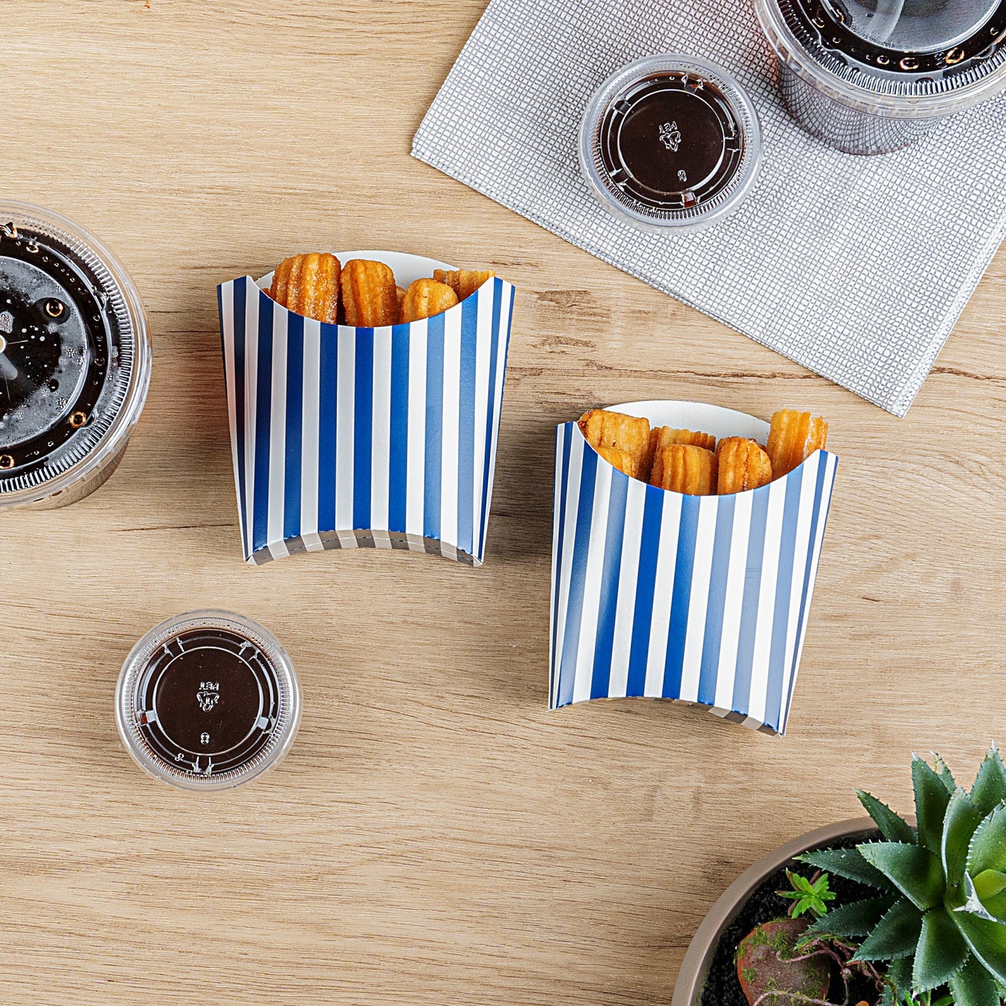 Bio Tek 3 oz Blue and White Stripe Paper Fry Cup / Snack Container - 4 1/2" x 3 1/4" x 3 3/4" - 100 count box