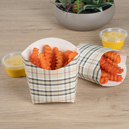 Bio Tek 3 oz Plaid Paper Fry Cup / Snack Container - 4 1/2" x 3 1/4" x 3 3/4" - 100 count box