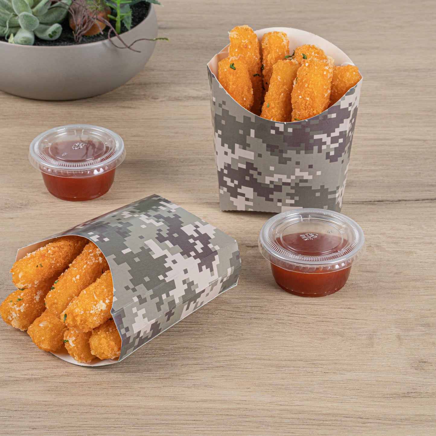 Bio Tek 3 oz Camouflage Paper Fry Cup / Snack Container - 4 1/2" x 3 1/4" x 3 3/4" - 100 count box