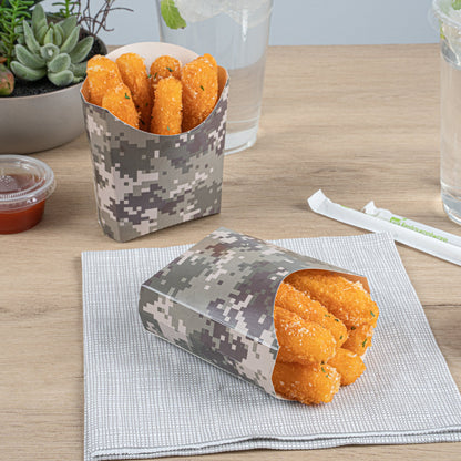 Bio Tek 3 oz Camouflage Paper Fry Cup / Snack Container - 4 1/2" x 3 1/4" x 3 3/4" - 100 count box