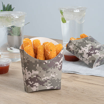 Bio Tek 3 oz Camouflage Paper Fry Cup / Snack Container - 4 1/2" x 3 1/4" x 3 3/4" - 100 count box