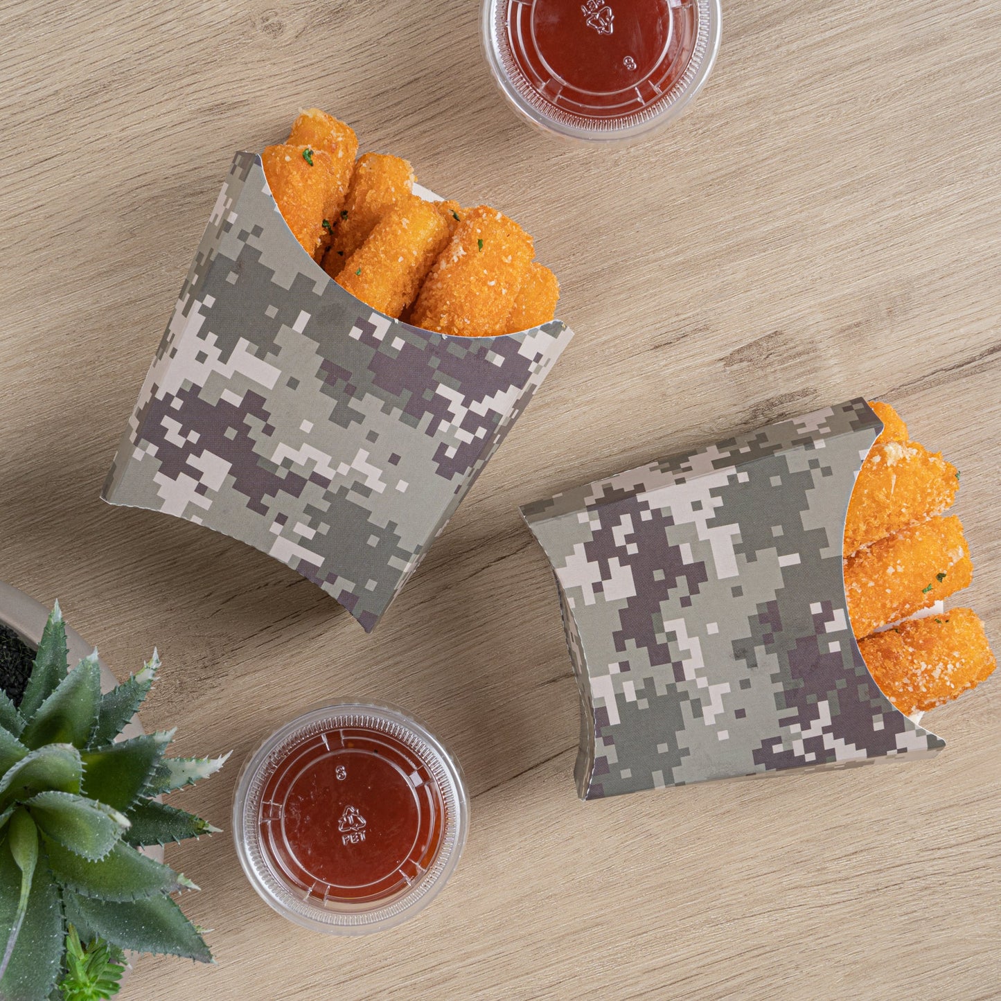 Bio Tek 3 oz Camouflage Paper Fry Cup / Snack Container - 4 1/2" x 3 1/4" x 3 3/4" - 100 count box