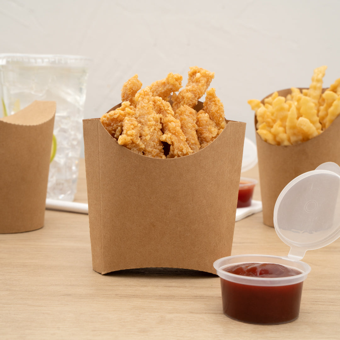 Bio Tek 3 oz Kraft Paper Fry Cup / Snack Container - 4 1/2" x 3 1/4" x 3 3/4" - 100 count box