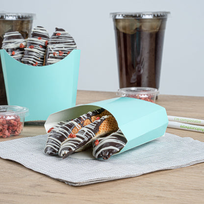 Bio Tek 3 oz Turquoise Paper Fry Cup / Snack Container - 4 1/2" x 3 1/4" x 3 3/4" - 100 count box