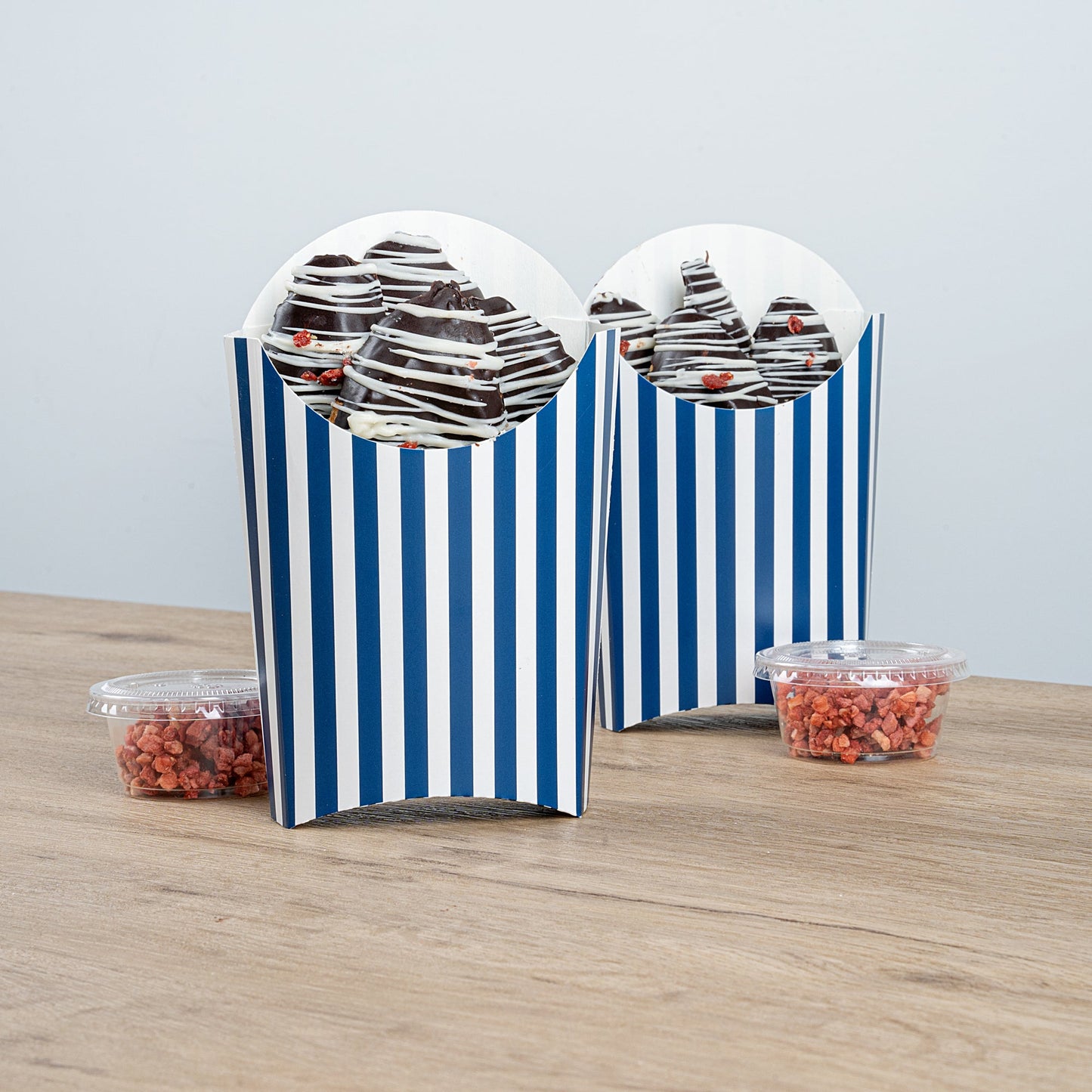 Bio Tek 4 oz Blue and White Stripe Paper Fry Cup / Snack Container - 4 3/4" x 3 1/2" x 5" - 100 count box