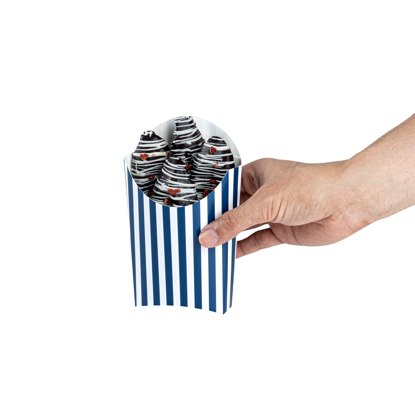 Bio Tek 4 oz Blue and White Stripe Paper Fry Cup / Snack Container - 4 3/4" x 3 1/2" x 5" - 100 count box