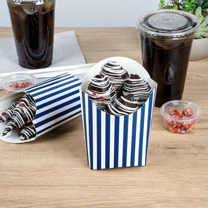 Bio Tek 4 oz Blue and White Stripe Paper Fry Cup / Snack Container - 4 3/4" x 3 1/2" x 5" - 100 count box
