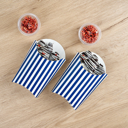 Bio Tek 4 oz Blue and White Stripe Paper Fry Cup / Snack Container - 4 3/4" x 3 1/2" x 5" - 100 count box