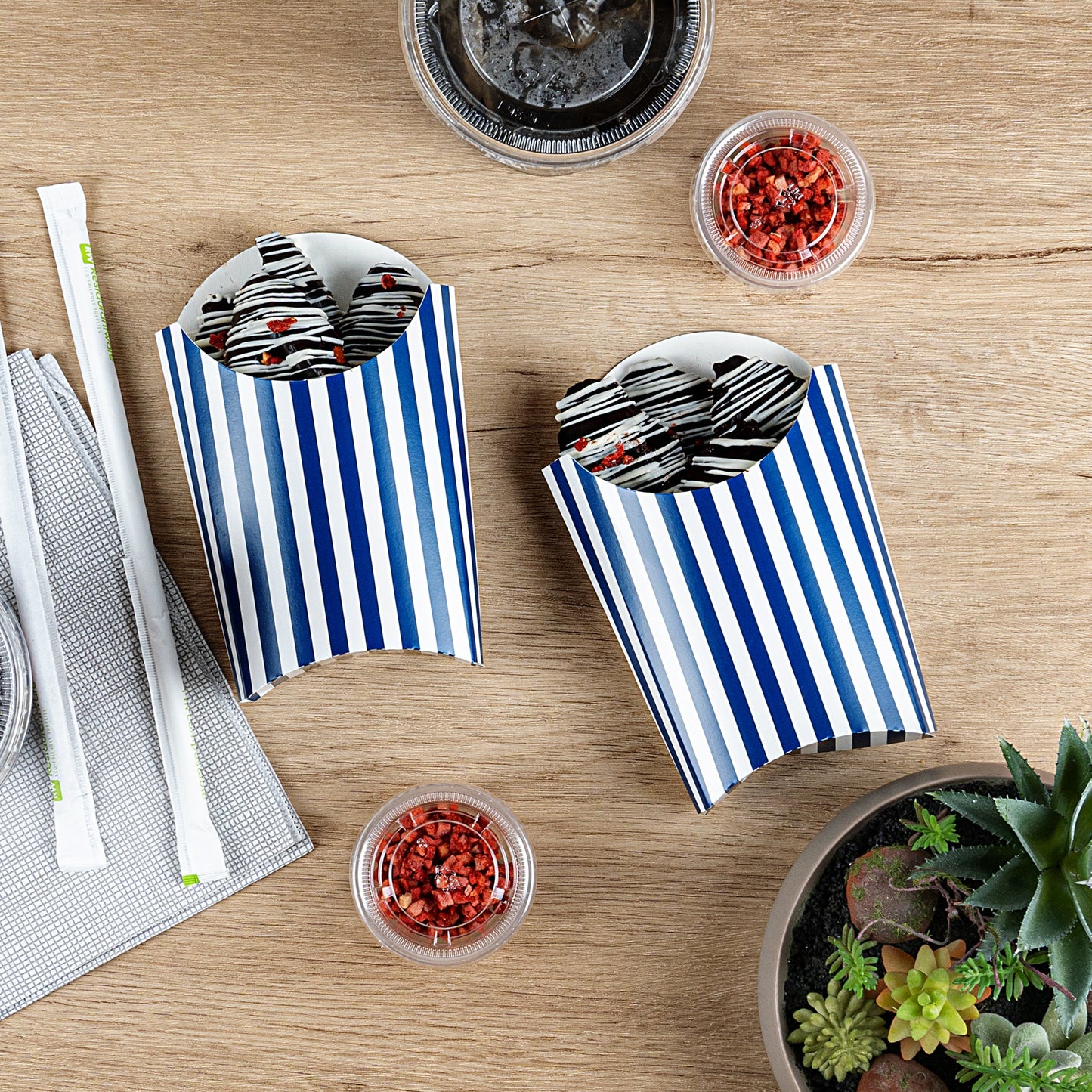 Bio Tek 4 oz Blue and White Stripe Paper Fry Cup / Snack Container - 4 3/4" x 3 1/2" x 5" - 100 count box