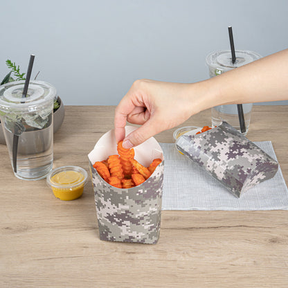 Bio Tek 4 oz Camouflage Paper Fry Cup / Snack Container - 4 3/4" x 3 1/2" x 5" - 100 count box