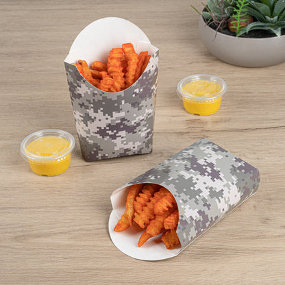Bio Tek 4 oz Camouflage Paper Fry Cup / Snack Container - 4 3/4" x 3 1/2" x 5" - 100 count box