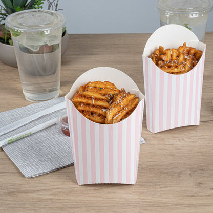 Bio Tek 4 oz Pink and White Stripe Paper Fry Cup / Snack Container - 4 3/4" x 3 1/2" x 5" - 100 count box