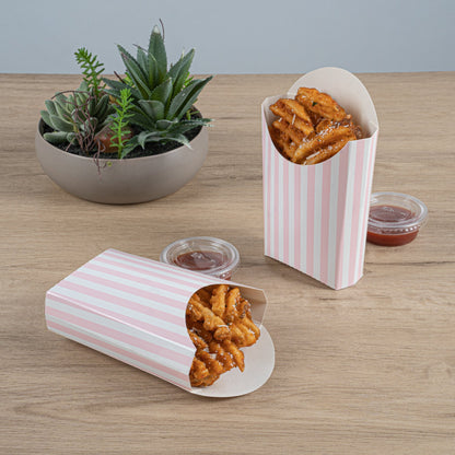 Bio Tek 4 oz Pink and White Stripe Paper Fry Cup / Snack Container - 4 3/4" x 3 1/2" x 5" - 100 count box