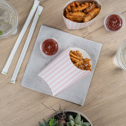 Bio Tek 4 oz Pink and White Stripe Paper Fry Cup / Snack Container - 4 3/4" x 3 1/2" x 5" - 100 count box