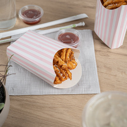Bio Tek 4 oz Pink and White Stripe Paper Fry Cup / Snack Container - 4 3/4" x 3 1/2" x 5" - 100 count box
