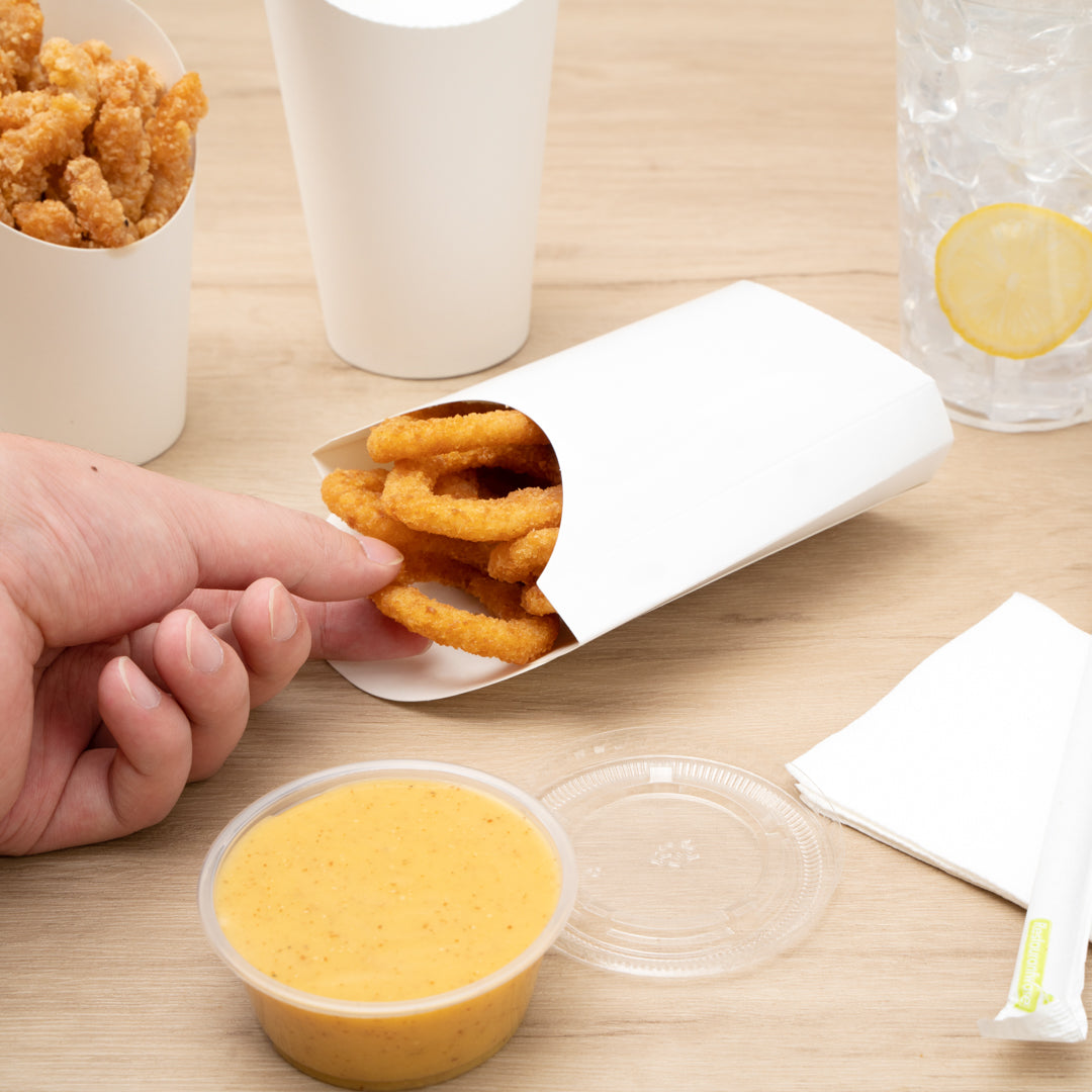 Bio Tek 4 oz White Paper Fry Cup / Snack Container - 4 3/4" x 3 1/2" x 5" - 100 count box