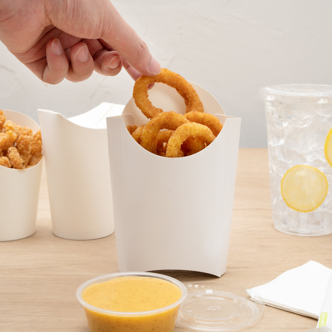 Bio Tek 4 oz White Paper Fry Cup / Snack Container - 4 3/4" x 3 1/2" x 5" - 100 count box