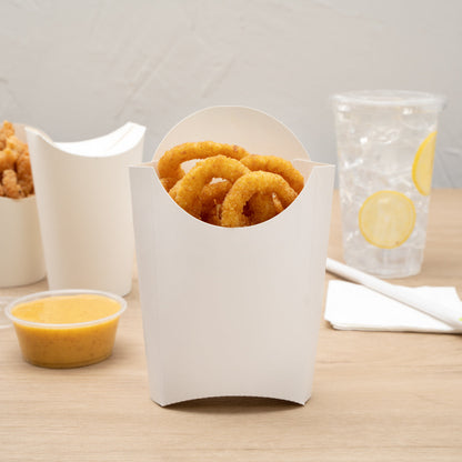 Bio Tek 4 oz White Paper Fry Cup / Snack Container - 4 3/4" x 3 1/2" x 5" - 100 count box
