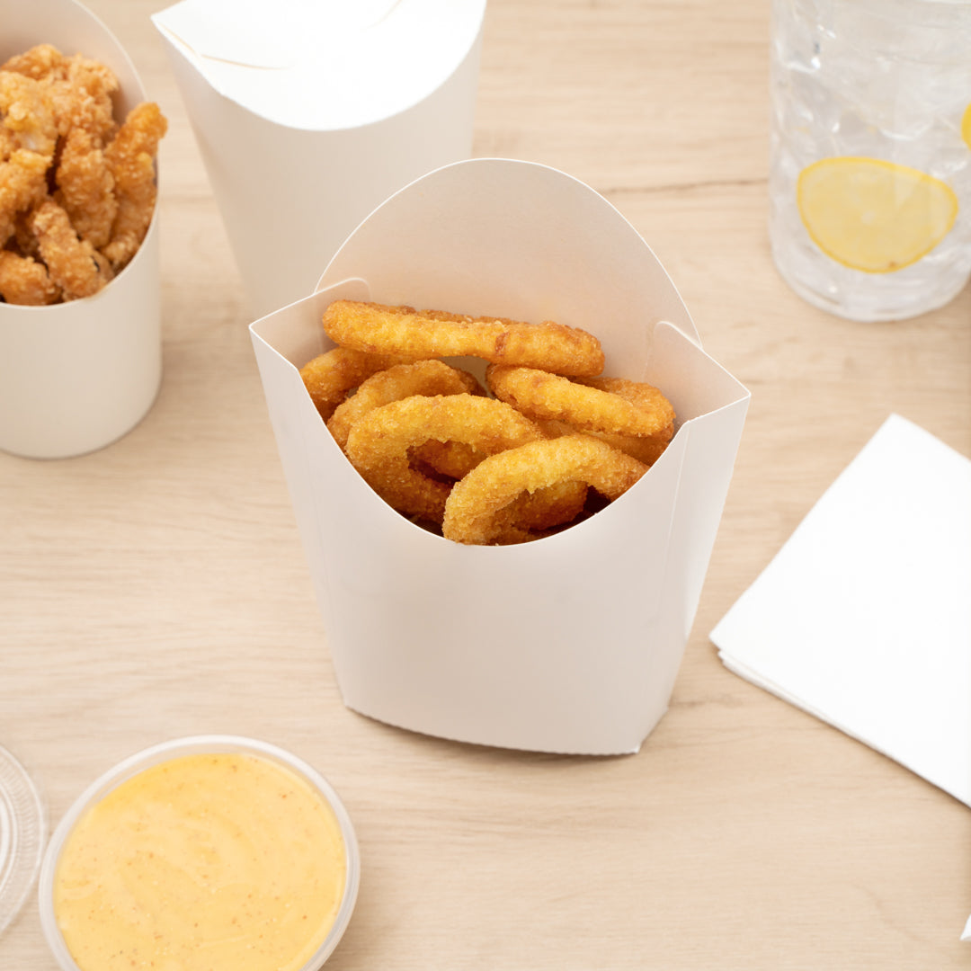 Bio Tek 4 oz White Paper Fry Cup / Snack Container - 4 3/4" x 3 1/2" x 5" - 100 count box