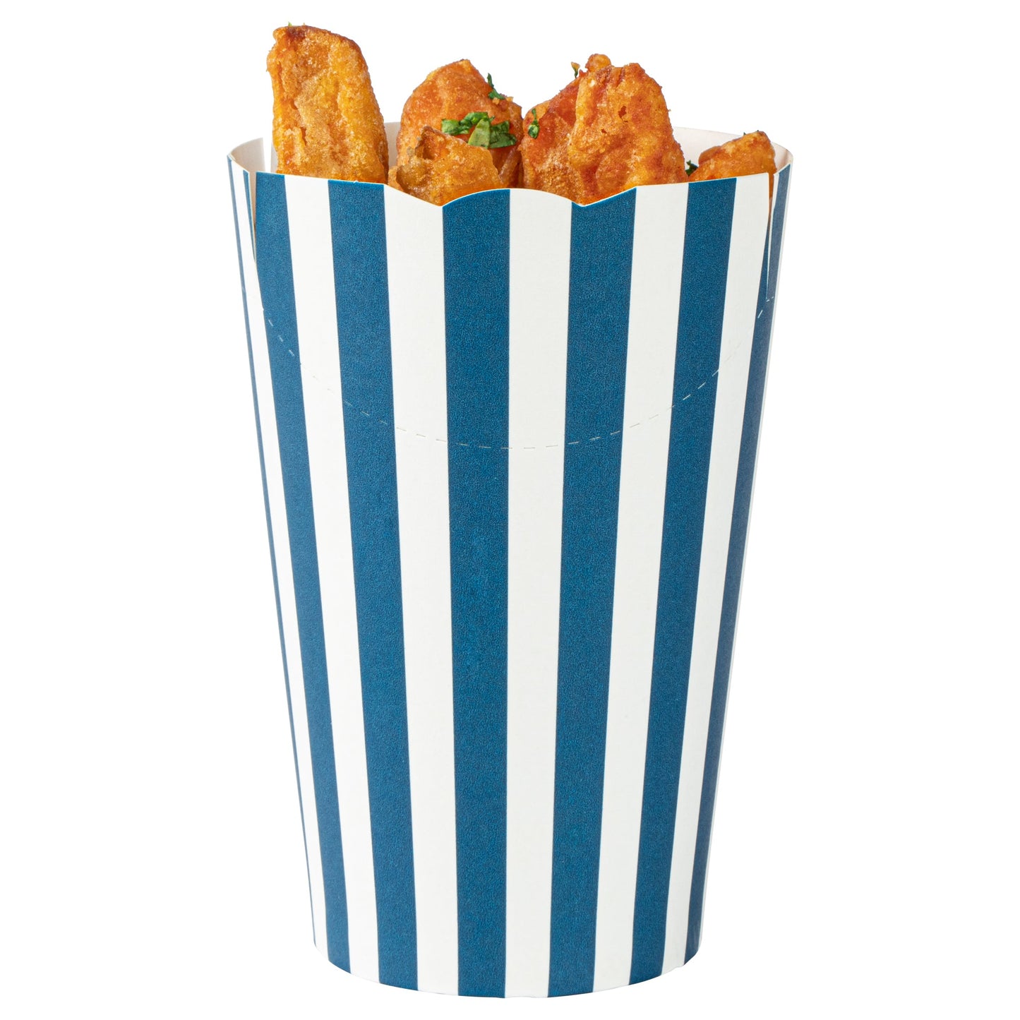 Bio Tek 16 oz Round Blue and White Stripe Paper To Go Fry Cup - 3 1/4" x 3 1/4" x 4 1/4" - 100 count box