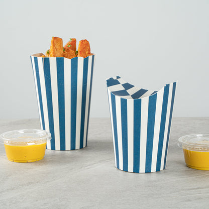 Bio Tek 16 oz Round Blue and White Stripe Paper To Go Fry Cup - 3 1/4" x 3 1/4" x 4 1/4" - 100 count box