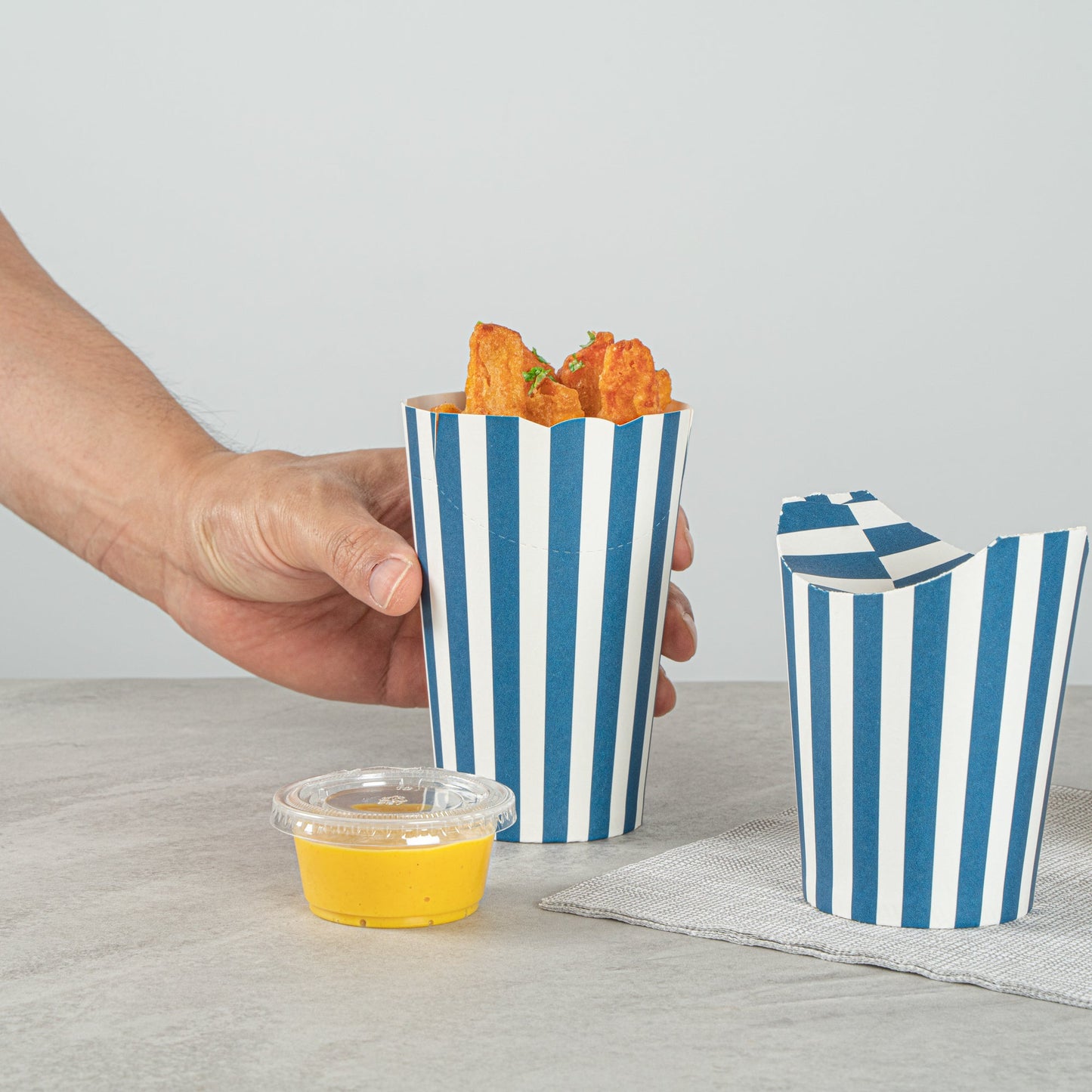 Bio Tek 16 oz Round Blue and White Stripe Paper To Go Fry Cup - 3 1/4" x 3 1/4" x 4 1/4" - 100 count box
