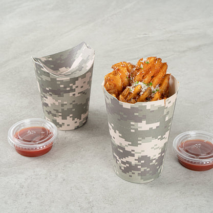 Bio Tek 16 oz Round Camouflage Paper To Go Fry Cup - 3 1/4" x 3 1/4" x 4 1/4" - 100 count box