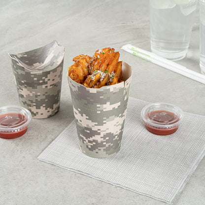 Bio Tek 16 oz Round Camouflage Paper To Go Fry Cup - 3 1/4" x 3 1/4" x 4 1/4" - 100 count box