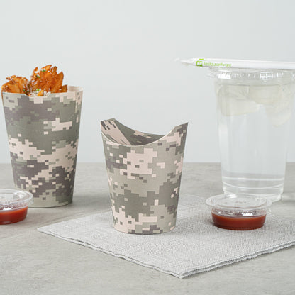 Bio Tek 16 oz Round Camouflage Paper To Go Fry Cup - 3 1/4" x 3 1/4" x 4 1/4" - 100 count box