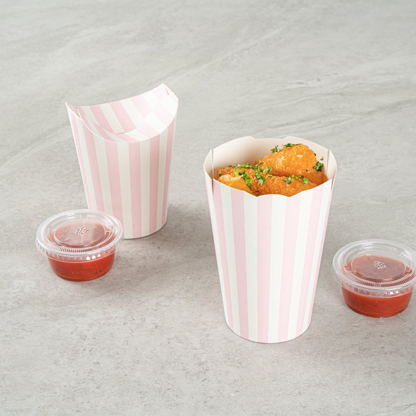 Bio Tek 16 oz Round Pink and White Stripe Paper To Go Fry Cup - 3 1/4" x 3 1/4" x 4 1/4" - 100 count box