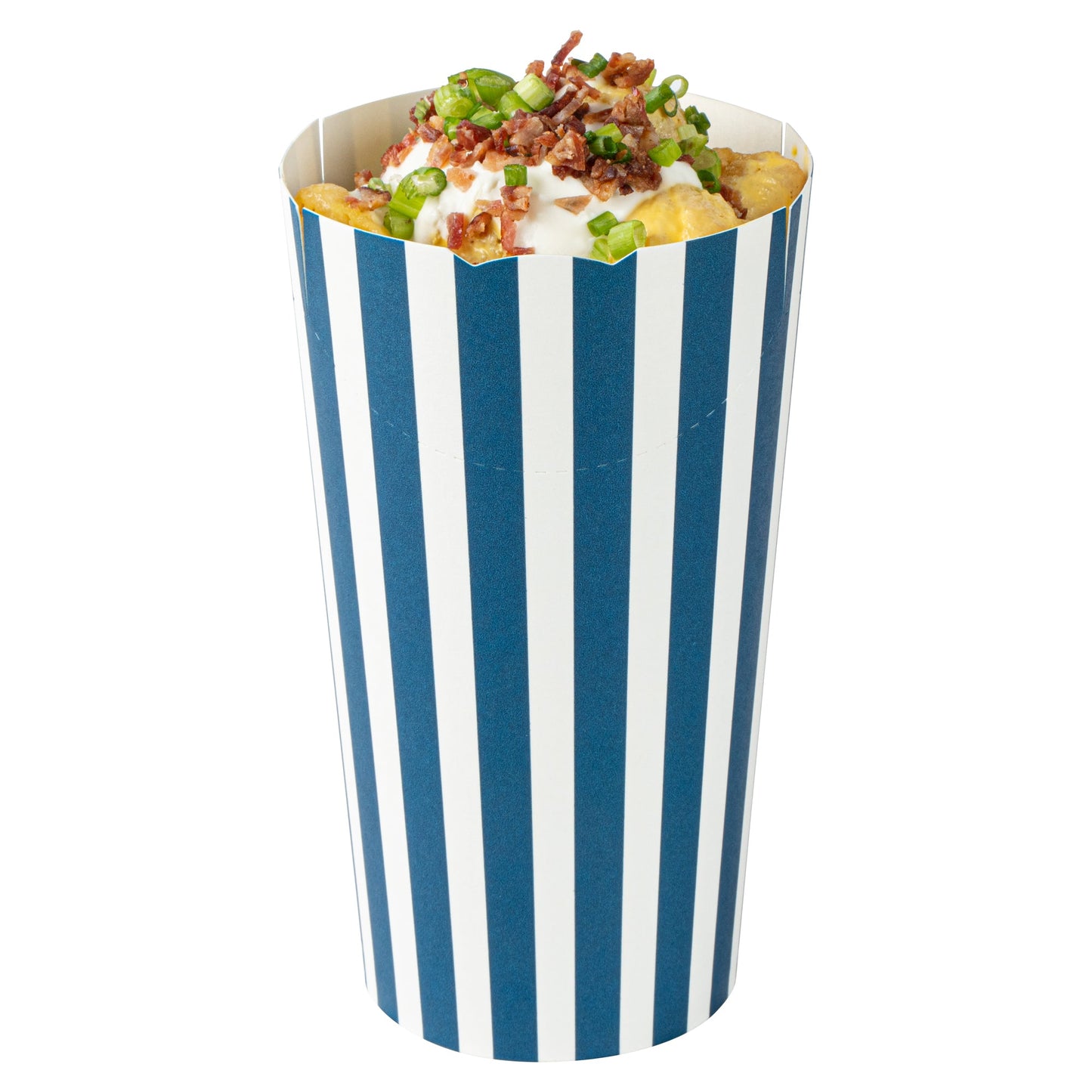 Bio Tek 20 oz Round Blue and White Stripe Paper To Go Fry Cup - 3 1/4" x 3 1/4" x 5" - 100 count box