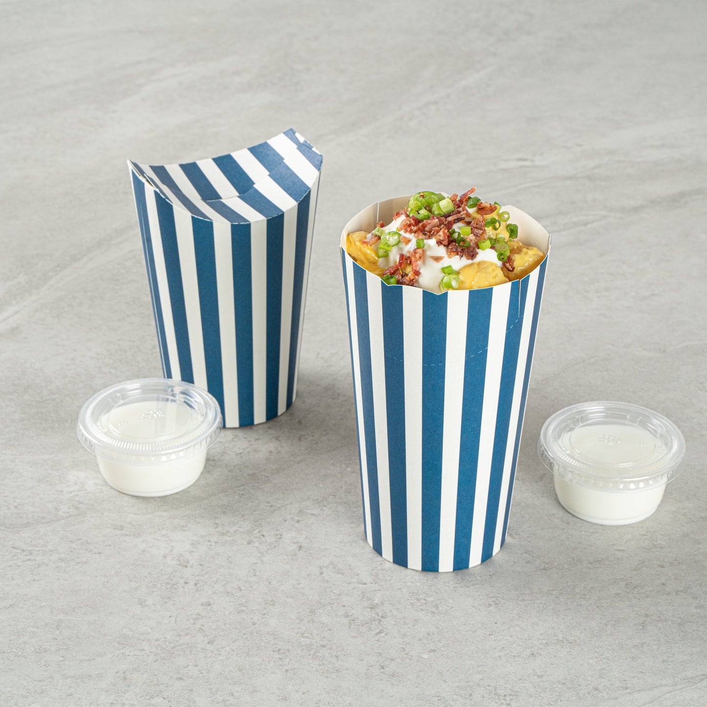 Bio Tek 20 oz Round Blue and White Stripe Paper To Go Fry Cup - 3 1/4" x 3 1/4" x 5" - 100 count box